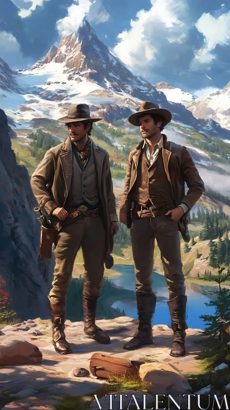 Frontier cowboys survey alpine canyon under towering peak.