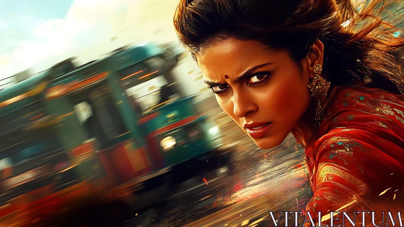 Fierce woman races beside speeding tram in vivid motion blur