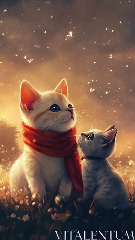 White Cats in Golden Hour Glow with Luminescent Particle Effects