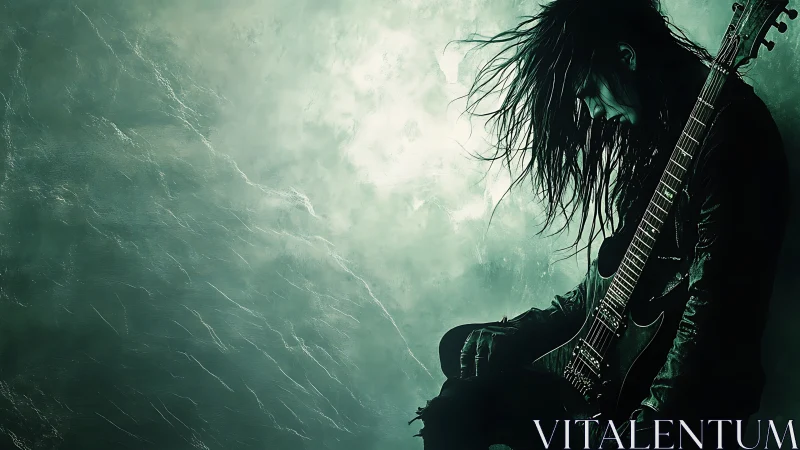 Solitary rock guitarist broods in moody green haze.