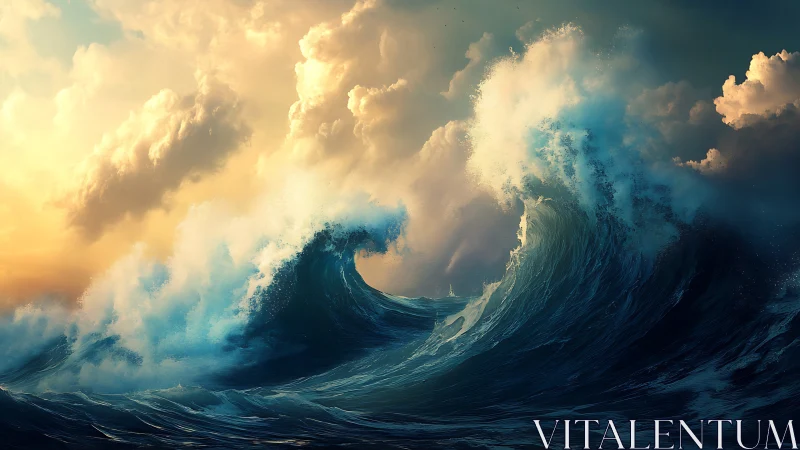 Sunlit storm waves rise beneath glowing dramatic clouds.