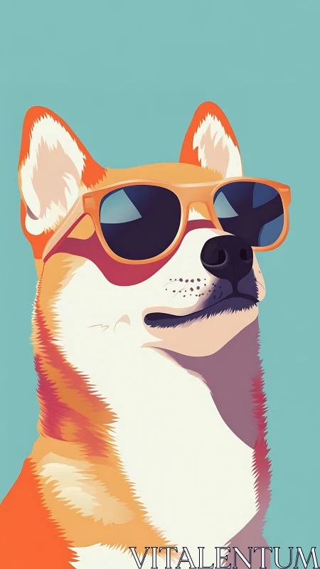 Stylized dog portrait with sunglasses on teal background.