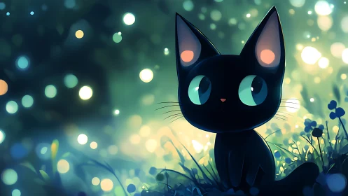 Black Cat with Luminescent Eyes in Enchanted Garden Setting.