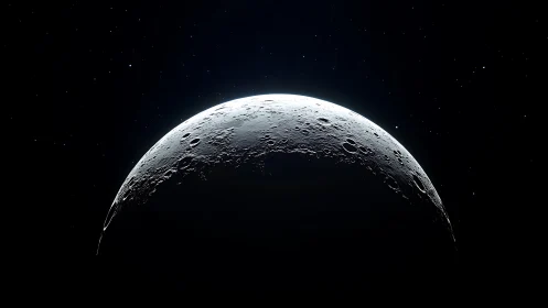 Lunar crescent horizon reveals stark cratered surface glow.