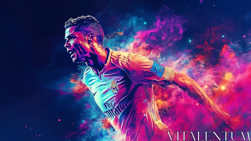 Dynamic football striker explodes through neon color clouds.