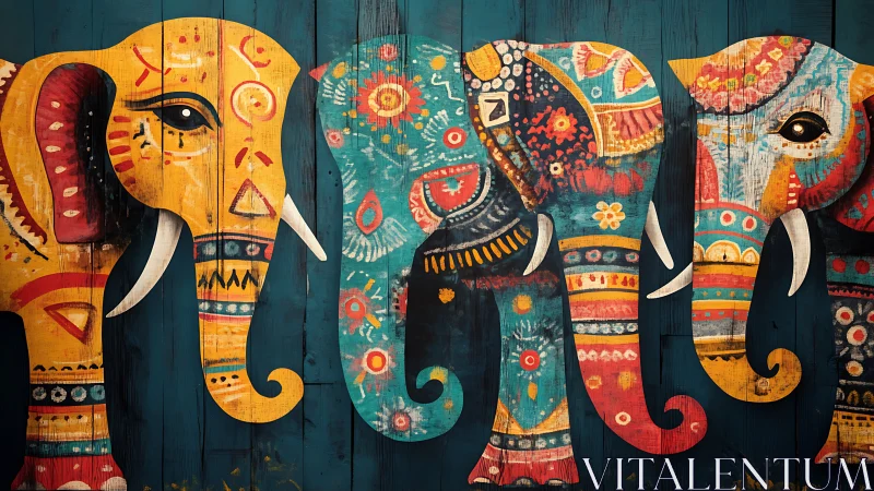 Painted elephant mural with stylized folk patterns.