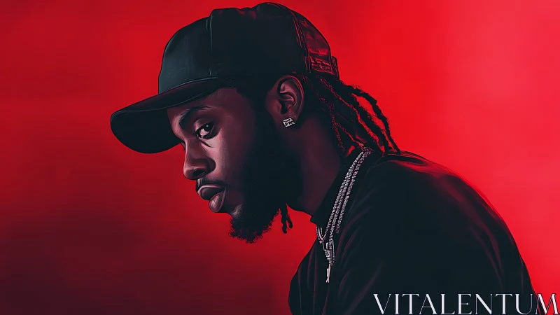 Side-lit portrait of pensive man in cap on crimson field.