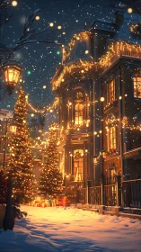 Victorian townhouse under dense festive illumination at snowfall.