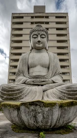 Buddha stone statue before modern high rise building.