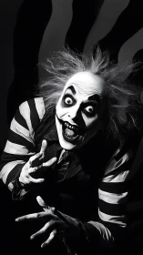 Wild-haired striped-suit ghoul lunging toward camera.