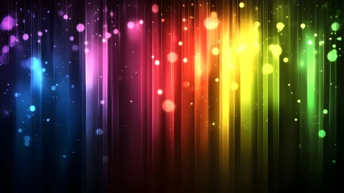 Vibrant Abstract Light Beams with Bokeh Effect in Rainbow Colors.