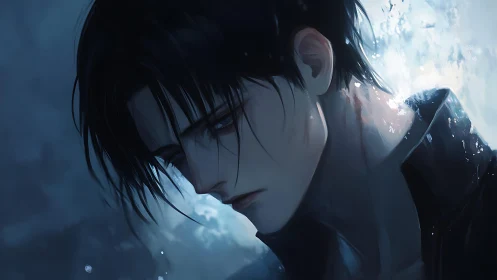 Melancholic anime boy in dark water with cold blue light.