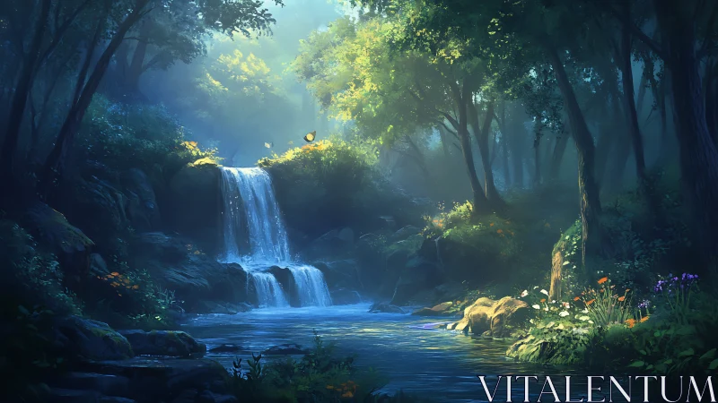 Mystical Forest Waterfall with Cascading Stream.