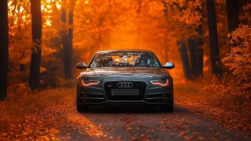 Audi sports coupe on forest road in vivid autumn light.