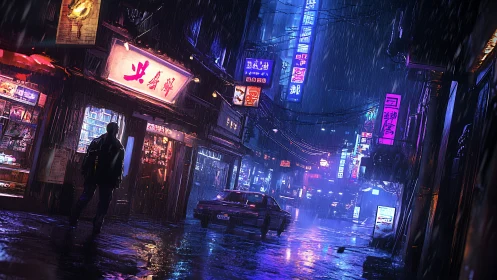 Neon rain stroll through a moody midnight city alleyway.