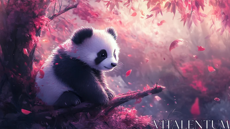 Dreamy digital panda cub resting in glowing pink forest.