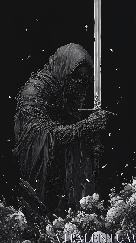 Hooded skeletal warrior grips a vertical sword in darkness
