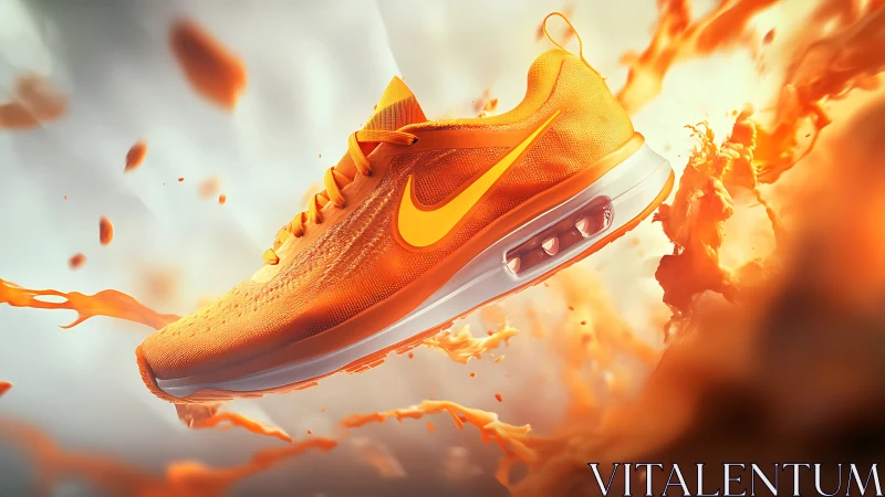Ignited orange running shoe floating in liquid energy burst.