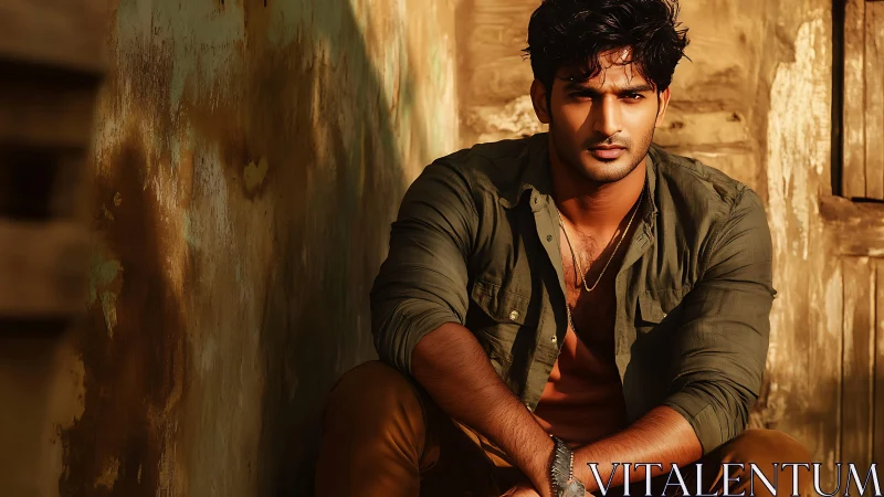 Photorealistic portrait in rustic alleyway side lighting.