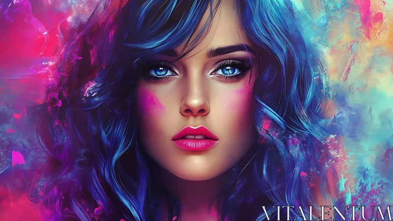 Vivid neon portrait of blue haired woman in digital glow.