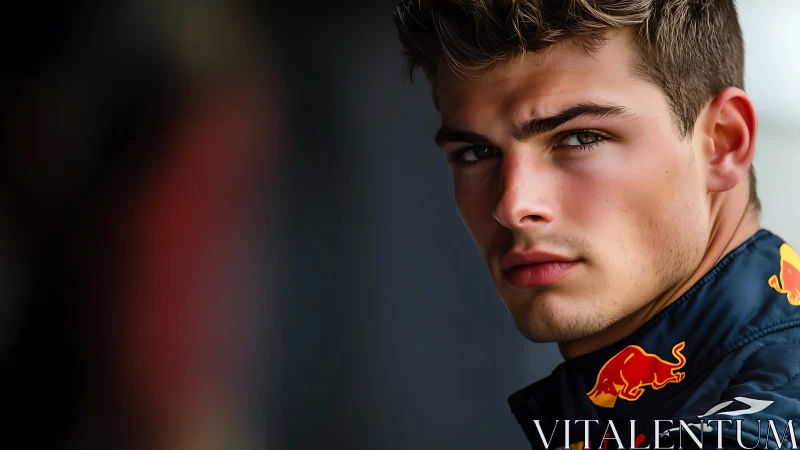 Portrait of motorsport driver in branded race suit.