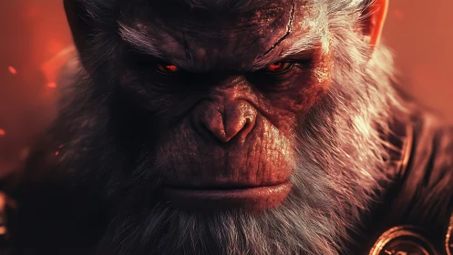 Fierce red eyed ape warrior in intense fiery closeup.