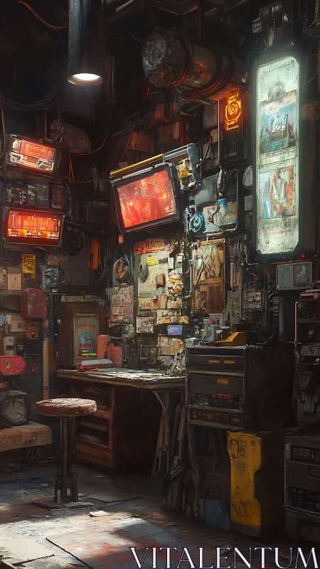 Cluttered cyberpunk workshop glows with flickering neon screens