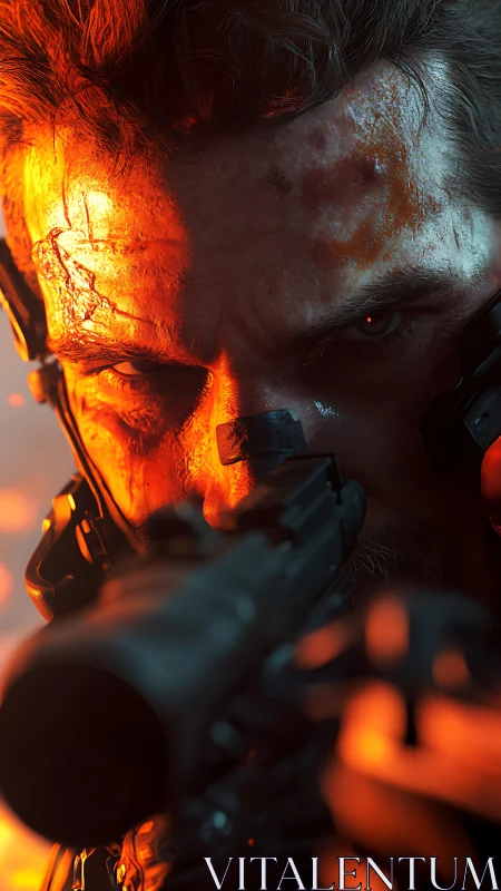 Smoldering cybernetic marksman under blazing orange glare.