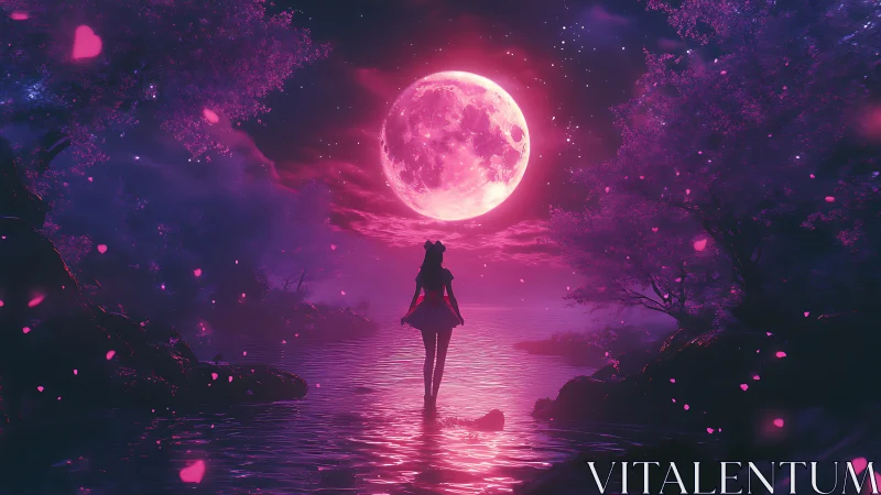 Luminous lunar river vista with silhouetted anime figure under glow.