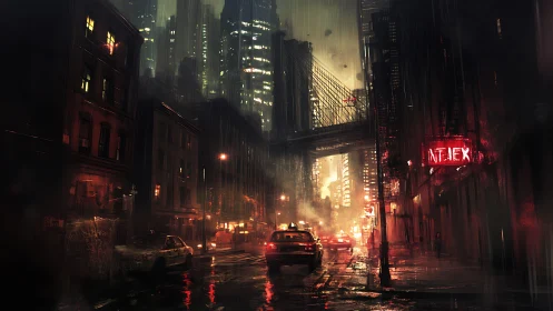 Rain-soaked neon city street humming with late-night life.