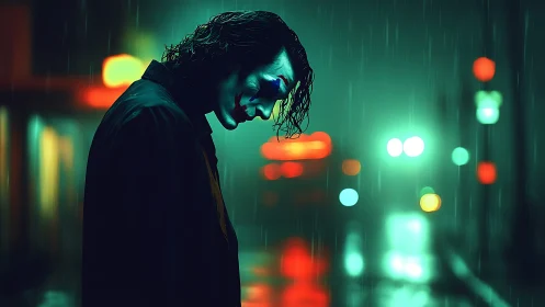 Brooding clown figure under neon rain on a moody street.