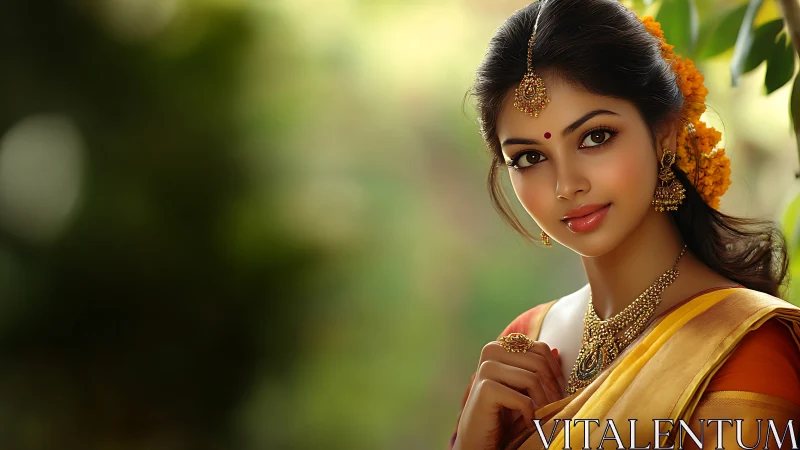 Elegant Indian woman in traditional saree, adorned with gold jewelry.