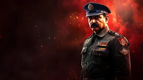 Uniformed police officer against red smoky background.