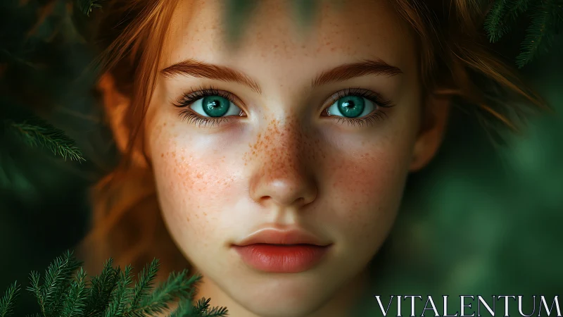 Hyperreal portrait of freckled girl framed by forest foliage