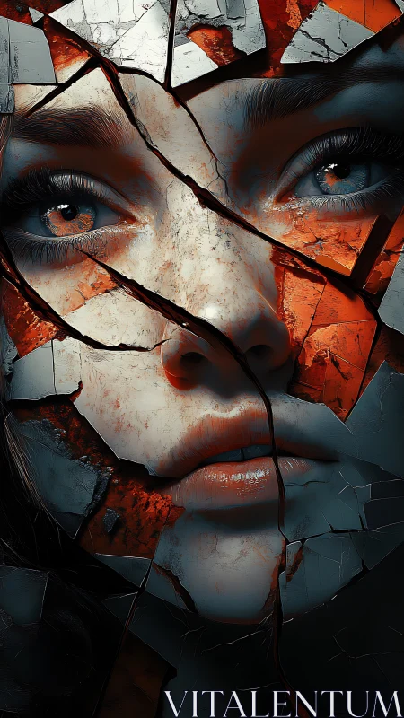 Fragmented female face with cracked surface structure.
