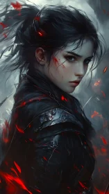 Stoic dark-haired warrior in black armor amid embers.