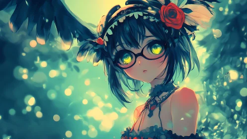 Forest girl with glowing eyes and feathered crown stands still