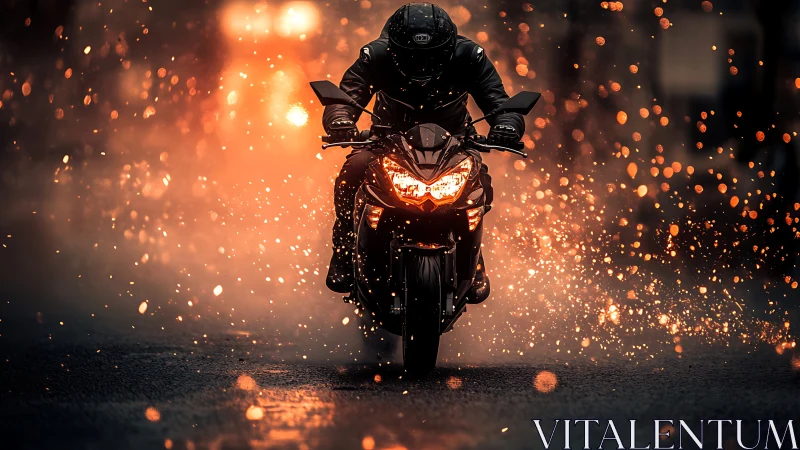 Motorcyclist rides through glowing urban sparks at night.