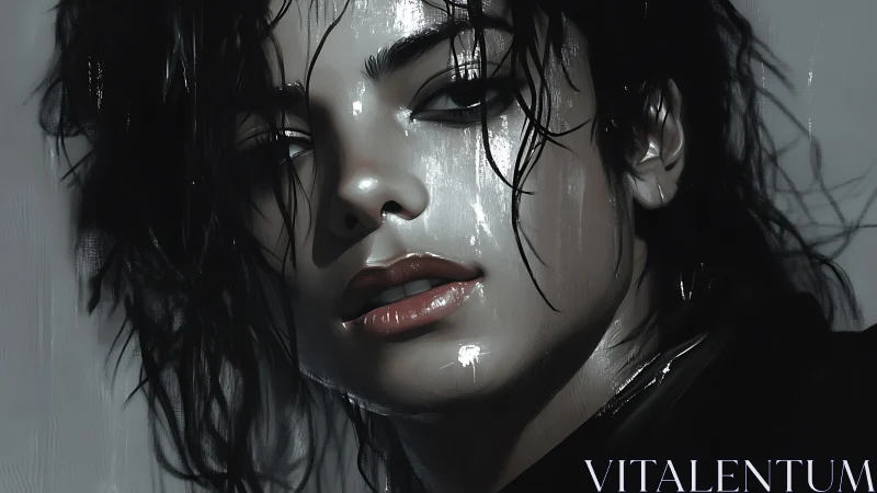 Moody digital portrait with wet hair and glossy skin.