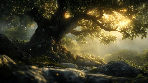 Ancient Tree Canopy Bathes in Luminous Golden Sunlight Through Misty Forest Atmosphere