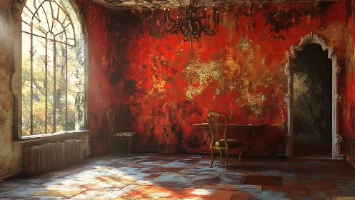 Sunlit vintage room glowing with warm fiery colors.