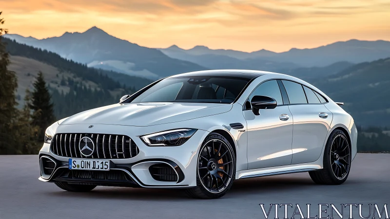 Sleek silver Mercedes coupe resting in soft mountain sunset.