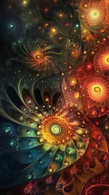 Radiant fractal spirals unfold in luminous cosmic color.