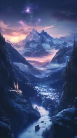 Starlit mountain valley glows gently above a quiet river