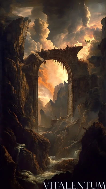 Ancient stone archway rises over fiery fantasy canyon.