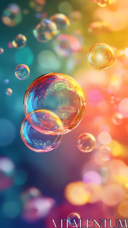 Iridescent soap bubbles rendered against defocused bokeh field