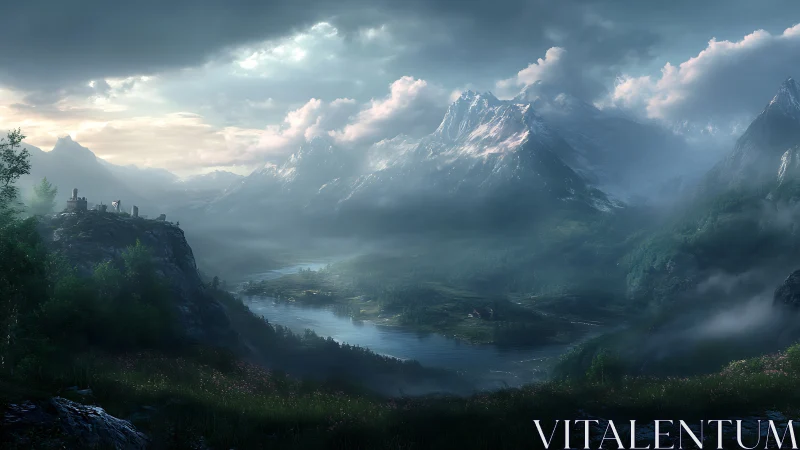 Mountain valley lake with distant settlement under clouds.