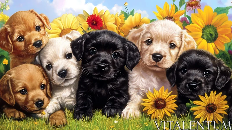 High-saturation digital portrait of six puppies amid sunflowers