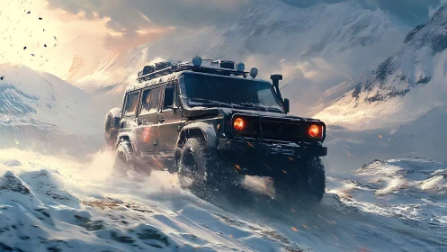 Off-road expedition SUV powers through harsh Arctic blizzard.