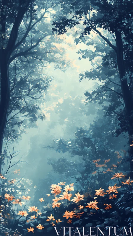 Sunlit Forest Sanctuary with Golden Blossoms.